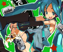 Rule 34 | alcohol, beer, blue eyes, blue hair, can, detached sleeves, hatsune miku, long hair, necktie, no panties, shimura nobuo, solo, thighhighs, twintails, vocaloid