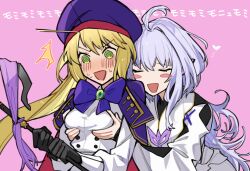 Rule 34 | 2girls, @ @, ahoge, artoria caster (fate), artoria caster (second ascension) (fate), artoria pendragon (fate), beret, black gloves, blonde hair, blue cloak, blush, bow, breast hold, breasts, buttons, cloak, closed eyes, dress, fate/grand order, fate/prototype, fate (series), gem, gloves, gold trim, green eyes, green gemstone, grey hair, hat, holding, holding staff, long hair, long sleeves, meme, merlin (fate/prototype), multiple girls, open mouth, ornament, pink background, pink ribbon, pointy ears, purple bow, purple headwear, ribbon, shirt, short hair, sigm, small breasts, staff, twintails, white dress, white shirt, yuri