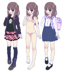 Rule 34 | 1girl, aoi kumiko, backpack, bag, bare legs, barefoot, bikini, black thighhighs, blush, boots, breasts, brown eyes, brown hair, flat chest, hair ornament, hair ribbon, highres, hood, hoodie, long hair, looking at viewer, mary janes, multiple views, navel, open mouth, original, pleated skirt, randoseru, ribbon, school uniform, shoes, sketch, skirt, small breasts, smile, socks, striped bikini, striped clothes, suspenders, swimsuit, thighhighs, two side up, wavy hair, white thighhighs