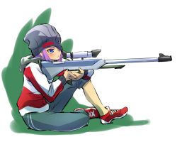 Rule 34 | 1girl, beanie, blue eyes, full body, gun, hat, iesupa, jacket, may zedong, one eye covered, pants, pink hair, rifle, rwby, sitting, sniper rifle, solo, track jacket, track pants, weapon
