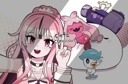 Rule 34 | 1girl, :d, chirosamu, choker, collarbone, commentary request, commission, creatures (company), eyelashes, game freak, hand up, korean commentary, long hair, long sleeves, nintendo, open mouth, outstretched arm, pink eyes, pink hair, pokemon, pokemon (creature), quaxly, selfie, shirt, smile, teeth, tinkaton, tongue, upper teeth only, v