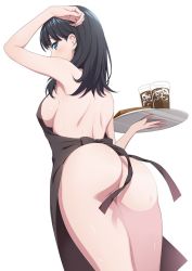 Rule 34 | 10s, 1girl, apron, arm up, ass, back, bad id, bad twitter id, black hair, blue eyes, breasts, butt crack, convenient censoring, covered erect nipples, cup, drinking glass, from behind, gridman universe, hand up, holding, holding tray, ice, ice cube, looking at viewer, medium breasts, miel (lessontome), naked apron, sideboob, simple background, solo, ssss.gridman, standing, sweat, takarada rikka, tray, white background