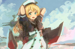 Rule 34 | 1girl, arms up, beret, black neckwear, blonde hair, blue eyes, blush, cloud, dress, hat, highres, jervis (kancolle), kantai collection, long hair, moor, open mouth, sailor collar, short sleeves, signature, sky, solo, upper body, white dress, white hat