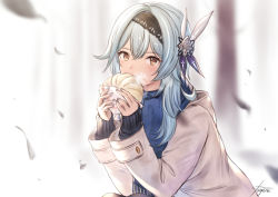 Rule 34 | 1girl, alternate costume, black hairband, blue hair, blue nails, blue scarf, blurry, blurry background, blush, brown eyes, casual, coat, depth of field, eating, eula (genshin impact), feathers, food, genshin impact, grey coat, hair ornament, hairband, holding, holding food, long hair, long sleeves, mugen kageno, nail polish, open clothes, open coat, scarf, sitting, sleeves past wrists, solo, steam