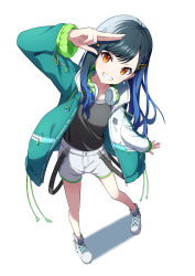 Rule 34 | 1girl, absurdres, aqua jacket, arm up, bare legs, black hair, black shirt, blue hair, clenched teeth, commentary, earrings, full body, gradient hair, hair ornament, hairclip, headphones, headphones around neck, highres, jacket, jewelry, lex suri12, long sleeves, looking at viewer, multicolored hair, orange eyes, parted bangs, project sekai, salute, shiraishi an, shirt, shorts, simple background, smile, solo, star (symbol), star earrings, star hair ornament, swept bangs, teeth, two-finger salute, white background, white footwear, white shorts