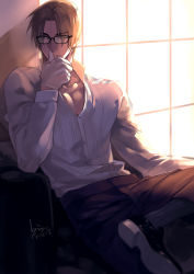 Rule 34 | 1boy, artist request, black footwear, black legwear, black pants, brown hair, buttons, chair, collar, collared shirt, crossed legs, cuffs, dated, eyes visible through hair, glasses, gloves, hand to own mouth, heshikiri hasebe, long sleeves, looking to the side, male focus, on chair, open clothes, open shirt, pants, parted bangs, parted lips, shadow, shirt, short hair, signature, sitting, sleeve cuffs, solo, touken ranbu, white gloves, white shirt, window