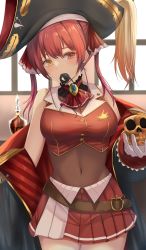 Rule 34 | 1girl, absurdres, bare shoulders, blush, breasts, cleavage, eyepatch, gloves, hair ribbon, hat, heterochromia, highres, hololive, houshou marine, large breasts, leotard, long hair, looking at viewer, mouth hold, open mouth, red eyes, red hair, ribbon, see-through, see-through cleavage, skirt, smile, solo, twintails, virtual youtuber, yamikyon, yellow eyes