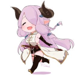Rule 34 | 10s, 1girl, :d, blush, braid, breasts, chibi, draph, dress, elbow gloves, closed eyes, gloves, granblue fantasy, hair over one eye, horns, inaka keikou, light purple hair, medium breasts, narmaya (granblue fantasy), open mouth, pointy ears, running, sideboob, single thighhigh, smile, solo, thighhighs