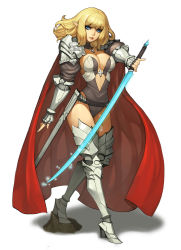 Rule 34 | 1girl, armor, belt, blonde hair, blue eyes, blunt bangs, breasts, cape, cleavage, elf, fingerless gloves, full body, gloves, gurimjang, highres, knight, large breasts, leotard, looking at viewer, original, parted lips, pinky out, pointy ears, sheath, smile, solo, sword, weapon