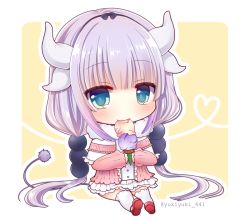 Rule 34 | 1girl, blue eyes, chibi, commentary request, dragon girl, dragon horns, dragon tail, eating, food, hair bobbles, hair ornament, hairband, holding, horns, ice cream, ice cream cone, kanna kamui, kobayashi-san chi no maidragon, let (starlet 5mt), looking at viewer, low twintails, mary janes, purple hair, shoes, short hair, solo, tail, thighhighs, twintails, twitter username, yukiyuki 441, zettai ryouiki