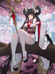 Rule 34 | 1girl, absurdly long hair, black hair, blunt bangs, breasts, bridal gauntlets, cherry blossoms, cleavage, closed eyes, commentary request, detached sleeves, fingerless gloves, full body, gloves, hair rings, highres, horns, japanese clothes, kimono, kishiyo, long hair, looking at viewer, md5 mismatch, medium breasts, obi, outdoors, petals, red eyes, resolution mismatch, revision, ribbon-trimmed legwear, ribbon-trimmed sleeves, ribbon trim, sandals, sash, shadowverse, short kimono, sidelocks, sitting, smile, solo, thighhighs, toes, twintails, very long hair, white gloves, white thighhighs
