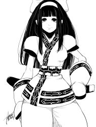 Rule 34 | 1girl, ainu clothes, artist name, black eyes, black hair, breasts, curvy, falcoon, fingerless gloves, gloves, hair ribbon, highres, legs, long hair, looking at viewer, medium breasts, monochrome, nakoruru, official art, pants, ribbon, samurai spirits, smile, snk, solo, the king of fighters, the king of fighters xiv, thighs, traditional media, weapon