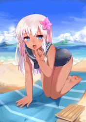 Rule 34 | 10s, 1girl, absurdres, all fours, barefoot, beach, blonde hair, cloud, cloudy sky, day, flower, hair flower, hair ornament, hibiscus, highres, horizon, kantai collection, lifebuoy, long hair, ocean, one-piece swimsuit, one-piece tan, open mouth, outdoors, ro-500 (kancolle), sky, solo, swim ring, swimsuit, swimsuit under clothes, tan, tanline, tongue, tongue out, ze (wzfnn001)