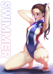 Rule 34 | 1girl, adjusting hair, armpits, arms up, bare shoulders, blue one-piece swimsuit, blueorca, breasts, brown hair, competition swimsuit, covered collarbone, dripping, goggles, goggles around neck, hair tie, hair tie in mouth, highleg, highleg swimsuit, highres, lips, long hair, mole, mole under eye, mouth hold, on one knee, one-piece swimsuit, original, ponytail, sandals, small breasts, solo, swimsuit, turtleneck, turtleneck one-piece swimsuit, water, wet, wet hair, wide hips