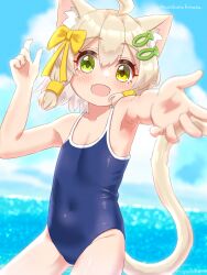 Rule 34 | 1girl, ahoge, animal ear fluff, animal ears, arm up, armpits, beach, blonde hair, blue one-piece swimsuit, blush, bow, cat ears, cat girl, cat tail, cloud, covered navel, gluteal fold, green eyes, hair bow, hair ornament, hairclip, hazakura hinata, highres, looking at viewer, ocean, one-piece swimsuit, open mouth, original, outdoors, outstretched arm, outstretched hand, ribbon, school swimsuit, short hair, sky, smile, solo, swimsuit, tail, thighs
