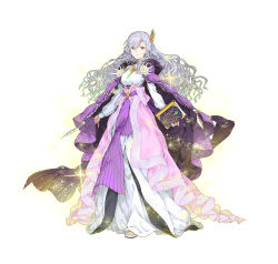 Rule 34 | 1girl, absurdres, book, breasts, cape, closed mouth, commentary request, deirdre (fire emblem), dress, fire emblem, fire emblem: genealogy of the holy war, fire emblem heroes, full body, gold trim, haimura kiyotaka, hair ornament, highres, holding, holding book, lips, long dress, long hair, long skirt, long sleeves, looking at viewer, medium breasts, nintendo, official art, purple eyes, purple hair, sandals, simple background, skirt, smile, solo, sparkle, standing, toeless footwear, toes, white background