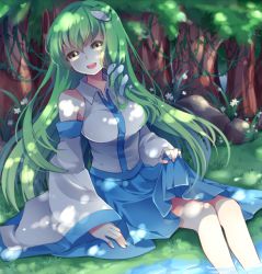 Rule 34 | 1girl, anthiea, bad id, bad pixiv id, blush, breasts, detached sleeves, female focus, forest, frog hair ornament, green hair, hair ornament, hair tubes, kochiya sanae, large breasts, long hair, nature, open mouth, rock, sitting, smile, snake hair ornament, solo, touhou, water, yellow eyes