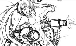 Rule 34 | 1girl, @ @, blush, breasts, commentary request, crying, crying with eyes open, destroyer (girls&#039; frontline), dress, dual wielding, firing, girls&#039; frontline, gloves, grenade launcher, gun, holding, medium breasts, monochrome, muzzle flash, open mouth, ryuu tou, shell casing, simple background, sketch, solo, tears, teeth, twintails, weapon, white background