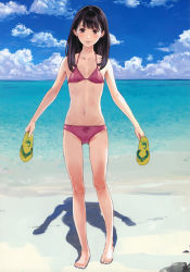 Rule 34 | 1girl, barefoot, beach, bikini, black eyes, black hair, blush, cloud, day, flat chest, flip-flops, highres, holding, holding shoes, kishida mel, long hair, looking at viewer, navel, ocean, original, outdoors, parted lips, sandals, shadow, shoes, sky, solo, standing, swimsuit, water