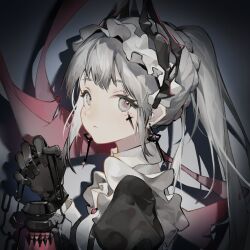 Rule 34 | 1girl, arknights, black dress, black gloves, commentary, dress, earrings, from side, gloves, gouhuozai, grey eyes, grey hair, hand up, head wings, highres, holding, holding lantern, irene (arknights), irene (voyage of feathers) (arknights), jewelry, lantern, long hair, looking at viewer, official alternate costume, pink ribbon, ponytail, portrait, ribbon, scar, scar across eye, solo, wings