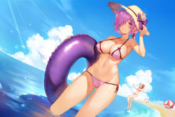 Rule 34 | 2girls, alternate costume, arm up, beach, bikini, blue sky, breasts, cleavage, cloud, cloudy sky, collarbone, day, dutch angle, fate/grand order, fate (series), fou (fate), fujimaru ritsuka (female), hair over one eye, hand on headwear, hat, highres, hip focus, holding, innertube, large breasts, light rays, light smile, mash kyrielight, multiple girls, navel, ocean, on head, orange hair, outdoors, parted lips, purple bikini, purple eyes, purple hair, short hair, sky, smile, solo focus, straw hat, sun hat, sunbeam, sunlight, swim ring, swimsuit, thighs, umbrella, wading, yykuaixian