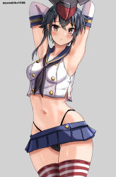 Rule 34 | 1girl, absurdres, armpits, arms behind head, arms up, asymmetrical hair, black hair, black neckerchief, black panties, blue sailor collar, blue skirt, breasts, cosplay, crop top, elbow gloves, gloves, hair between eyes, highleg, highleg panties, highres, i-14 (kancolle), kantai collection, looking at viewer, microskirt, mizuki (uzuki no sato), navel, neckerchief, panties, pleated skirt, sailor collar, shimakaze (kancolle), shimakaze (kancolle) (cosplay), short hair, skirt, small breasts, solo, striped clothes, striped thighhighs, thighhighs, thong, underwear, white gloves