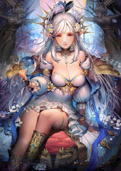 Rule 34 | 1girl, bare legs, braid, breasts, cleavage, detached collar, dress, elf, fantasy, full moon, grey hair, hand up, highres, large breasts, liduke, long hair, looking at viewer, moon, night, original, outdoors, parted lips, pointy ears, purple eyes, side braid, sidelocks, sitting, smile, solo, statue, very long hair, white dress