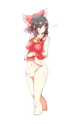 Rule 34 | ascot, bad id, bad pixiv id, bare legs, bare shoulders, black hair, blouse, blush, bow, breasts, collarbone, groin, hair bow, hair tubes, hakurei reimu, hand on own stomach, highres, looking away, medium breasts, midriff, navel, no pants, non (z-art), open mouth, panties, red eyes, shirt, short hair, simple background, sleepy, standing, touhou, underwear, white background, white panties