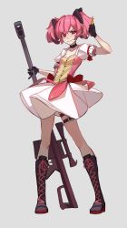 Rule 34 | 1girl, absurdres, anti-materiel rifle, barrett m82, black footwear, black gloves, boots, choker, closed umbrella, commentary, dethmaid, english commentary, full body, gloves, gun, highres, holding, holding weapon, kaname madoka, looking at viewer, magical girl, mahou shoujo madoka magica, mahou shoujo madoka magica (anime), pink eyes, pink hair, rifle, ringed eyes, short eyebrows, short hair, short twintails, simple background, smile, sniper rifle, solo, standing, thigh strap, twintails, umbrella, weapon, white background
