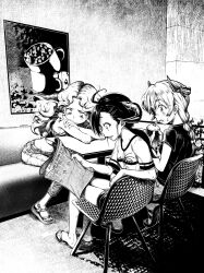 Rule 34 | 3girls, black hair, black shirt, blonde hair, chair, coffee, couch, denim, drinking, drinking straw, eudetenis, feet, greyscale, holding, holding newspaper, horns, indoors, jeans, legs, long hair, midriff, monochrome, multiple girls, navel, newspaper, no socks, original, pants, poster (object), sandals, shirt, short hair, shorts, sitting, sweat, table, thighs, toes, white shirt