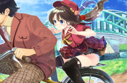 Rule 34 | 1boy, 1girl, bicycle, black hair, black thighhighs, blazer, blue eyes, blue sky, blush, bow, bridge, brown hair, buttons, clothing cutout, cloud, day, flower, furukawa itsuse, grass, hair between eyes, hair flower, hair ornament, hat, head out of frame, heart, heart cutout, hetero, jacket, long hair, long sleeves, looking at another, low twintails, multiple riders, nail polish, necktie, nervous, original, outdoors, panties, pants, pantyshot, plaid, plaid pants, plaid skirt, red footwear, ribbon, riding, riverbank, sailor collar, school uniform, shirt, shoes, short sleeves, sitting, skirt, sky, suspender skirt, suspenders, sweatdrop, thighhighs, twintails, underwear, upskirt, water, white panties, wind, wind lift, window, yellow bow, yellow ribbon, yellow shirt