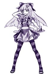 Rule 34 | 1girl, alternate costume, bow, cake, crescent, crescent hair ornament, food, frilled skirt, frills, hair bow, hair ornament, hand to own mouth, hime cut, holding, holding dish, holding plate, legs, legs apart, long hair, monochrome, patchouli knowledge, patterned legwear, plate, purple theme, short sleeves, simple background, skirt, socks, solo, striped clothes, striped socks, striped thighhighs, thighhighs, thupoppo, touhou, white background, zettai ryouiki