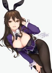 Rule 34 | 10s, 1girl, :d, adapted costume, animal ears, artist name, ashigara (kancolle), black pantyhose, blush, breasts, brown eyes, brown hair, cleavage, dated, fake animal ears, fang, hair ornament, tucking hair, hairband, hand on own knee, kantai collection, large breasts, leaning forward, leotard, long hair, looking at viewer, open mouth, pantyhose, playboy bunny, rabbit ears, rokuwata tomoe, signature, simple background, smile, solo, twitter username, white background