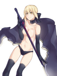 Rule 34 | 1girl, artoria pendragon (all), artoria pendragon (fate), black bow, black cape, black gloves, black panties, black thighhighs, blonde hair, bow, breasts, cape, choker, cleavage, collarbone, elbow gloves, excalibur morgan (fate), fate/stay night, fate (series), gloves, hair between eyes, hair bow, highres, looking at viewer, medium breasts, navel, panties, saber alter, saruno (eyesonly712), short hair with long locks, sidelocks, simple background, solo, thighhighs, topless, underwear, underwear only, white background, yellow eyes