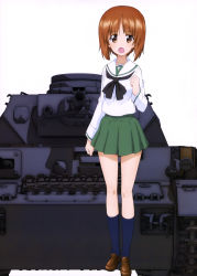 Rule 34 | 10s, 1girl, absurdres, black socks, blouse, brown eyes, brown footwear, brown hair, full body, girls und panzer, green skirt, highres, loafers, long sleeves, looking at viewer, matching hair/eyes, military, military vehicle, miniskirt, motor vehicle, neckerchief, nishizumi miho, official art, ooarai school uniform, open mouth, panzer iv, panzer iv, pleated skirt, school uniform, serafuku, shirt, shoes, short hair, simple background, skirt, socks, solo, standing, tank, white background, white shirt