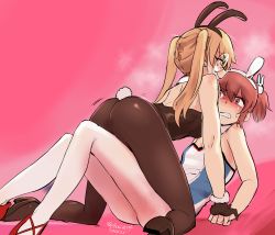Rule 34 | 10s, 2girls, absurdres, alisa (girls und panzer), animal ears, aomushi (mushamusha), arm grab, ass, black footwear, black gloves, black legwear, black leotard, blue leotard, brown eyes, brown hair, clenched teeth, dated, detached collar, fake animal ears, fake tail, female focus, freckles, girls und panzer, gloves, grimace, grin, hair ornament, high heels, highres, kneeling, leotard, long hair, looking at another, lying, multiple girls, on back, oono aya, pantyhose, pink background, playboy bunny, rabbit ears, rabbit hair ornament, rabbit tail, red footwear, round eyewear, short hair, short twintails, smile, straddling, strapless, strapless leotard, sweatdrop, tail, teeth, twintails, twitter username, white legwear, you gonna get raped, yuri