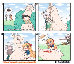 Rule 34 | &gt; &lt;, 1boy, 2girls, 4koma, :3, :d, ^^^, absurdres, alpaca costume, animal costume, artist name, ascot, asymmetrical clothes, bad id, bad pixiv id, black hair, blonde hair, blood, blue eyes, blue jacket, blue sky, blush, blush stickers, boned meat, breasts, brown shirt, character request, cleavage, cleavage cutout, closed eyes, closed mouth, clothing cutout, cloud, comic, commentary request, covered mouth, day, detached sleeves, dress, empty eyes, faceless, faceless female, fire, firewood, flower, food, gloves, green dress, greenteaneko, hair between eyes, hair flower, hair ornament, hair ribbon, heart, highres, holding, holding knife, hug, jacket, jewelry, kneeling, knife, kokkoro (princess connect!), large breasts, long hair, long sleeves, lying, meat, multiple girls, murder, nose blush, on back, open mouth, outdoors, pants, pecorine (princess connect!), pendant, pointy ears, princess connect!, puffy short sleeves, puffy sleeves, purple eyes, red ascot, red ribbon, ribbon, shirt, short hair, short sleeves, silver hair, single detached sleeve, sky, smile, spoken character, square 4koma, standing, sweat, tiara, very long hair, watermark, web address, white dress, white flower, white gloves, xd, yuuki (princess connect!), | |