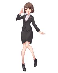 Rule 34 | 1girl, :d, black footwear, black jacket, black skirt, brown eyes, brown hair, character request, collared shirt, dress shirt, formal, full body, hair ornament, highres, jacket, long sleeves, looking at viewer, midori miyako, miniskirt, open mouth, pencil skirt, shirt, short hair, simple background, skirt, skirt suit, smile, solo, standing, suit, tachi-e, virtual youtuber, voice-ore, white background, white shirt, wing collar