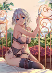 Rule 34 | 1girl, :q, absurdres, animal, arm at side, bare shoulders, bed, bed sheet, between fingers, bird, black bra, black panties, black thighhighs, blue eyes, bow, bow panties, bra, braid, branch, breasts, bush, cleavage, cloud, cloudy sky, collarbone, eyebrows, fingernails, flower, garter belt, garter straps, green ribbon, hair ribbon, highres, holding, holding knife, holster, izayoi sakuya, knife, knives between fingers, lace, lace-trimmed bra, lace-trimmed garter belt, lace-trimmed legwear, lace trim, large breasts, leaf, licking lips, lingerie, lips, lipstick, long fingernails, looking at viewer, maid headdress, makeup, midair, musyne xsk, navel, on bed, panties, pink lips, plant, red bow, ribbon, short hair, side-tie panties, side braid, sidelocks, silver hair, sitting, sky, smile, solo, string panties, thigh holster, thigh strap, thighhighs, tongue, tongue out, touhou, tress ribbon, twin braids, underwear, underwear only