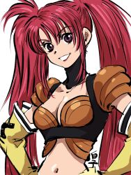 Rule 34 | 1girl, breasts, cleavage, gloves, highres, lipstick, long hair, looking at viewer, makeup, medium breasts, midriff, nanaly fletch, navel, purple eyes, red hair, shirako (kirupi), simple background, smile, solo, tales of (series), tales of destiny 2, twintails, white background