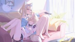 Rule 34 | 2girls, alternate costume, animal ear fluff, animal ears, bandaid, bandaid hair ornament, barefoot, black collar, blonde hair, closed eyes, collar, controller, couch, dog ears, dog girl, dog tail, feet, food, fuwawa abyssgard, hair ornament, hairpin, headband, headphones, headphones around neck, highres, hololive, hololive english, loose clothes, loose shirt, midori xu, mococo abyssgard, multicolored hair, multiple girls, on couch, perroccino (fuwamoco), pink eyes, pink hair, pink headband, pocky, remote control, shirt, short shorts, shorts, siblings, sisters, streaked hair, tail, twins, virtual youtuber, x hair ornament