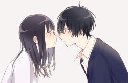 Rule 34 | 1boy, 1girl, black eyes, black hair, blue jacket, brown eyes, collared shirt, eye contact, from side, highres, jacket, long bangs, looking at another, open mouth, original, profile, shirt, short hair, simple background, upper body, white background, white shirt, yuyu