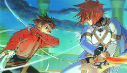 Rule 34 | 00s, 2boys, aqua background, bad id, bad pixiv id, battle, blue eyes, brown eyes, brown hair, father and son, holding, holding sword, holding weapon, kratos aurion, lloyd irving, male focus, multiple boys, official alternate costume, red eyes, red hair, red shirt, shimabara, shirt, sword, tales of (series), tales of symphonia, weapon