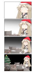 Rule 34 | 10s, 1girl, 4koma, absurdres, bad id, bad twitter id, blonde hair, blush, cake, chair, christmas tree, comic, commentary, cup, drinking glass, elbow gloves, food, fork, gloves, hat, highres, kantai collection, knife, lonely, long hair, nanakusa suzuna, neckerchief, sailor collar, santa hat, shaded face, shimakaze (kancolle), silent comic, sitting, smile, solo, table, white eyes, wine glass, zooming out