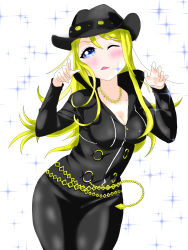 Rule 34 | 1girl, ;), artist name, artist request, ayase eli, black bodysuit, black hat, black pants, blonde hair, blue eyes, blush, bodysuit, breasts, chain, chain necklace, claw pose, cleavage, collarbone, cowboy hat, diamond princess no yuuutsu, female focus, floating hair, gold chain, gold necklace, hair between eyes, hat, high ponytail, highres, jewelry, long hair, long sleeves, looking at viewer, love live!, love live! school idol festival, love live! school idol project, medium breasts, necklace, one eye closed, pants, parted lips, ponytail, short hair, smile, solo, white background, wink, zipper, zipper pull tab