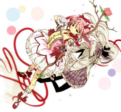 Rule 34 | 2girls, aiming, aiming at viewer, akemi homura, bow, bow (weapon), edoya inuhachi, flower, holding, holding bow (weapon), holding weapon, kaname madoka, long hair, looking at viewer, magical girl, mahou shoujo madoka magica, mahou shoujo madoka magica (anime), multiple girls, pink hair, pointing, pointing at viewer, red bow, red footwear, red ribbon, ribbon, rose, sad, short twintails, socks, staff, twintails, weapon, white hair, white legwear, white uniform