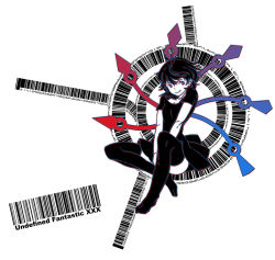 Rule 34 | 1girl, barcode, black hair, black thighhighs, dress, female focus, full body, houjuu nue, partially colored, pi (math), red eyes, short hair, solo, thighhighs, touhou, uewtsol, white background, wings, zettai ryouiki