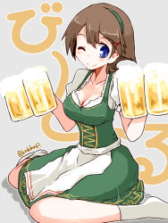 Rule 34 | 1girl, alcohol, alternate costume, barmaid, beer, beer mug, breasts, brown hair, cleavage, cup, dirndl, dress, flipped hair, german clothes, gold trim, green dress, green hairband, grey background, hairband, hiei (kancolle), kanoe soushi, kantai collection, medium breasts, mug, one eye closed, short hair, simple background, sitting, solo, twitter username, waitress, wariza