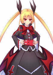Rule 34 | 1girl, blazblue, blonde hair, bow, commentary, gii, hair ribbon, highres, long hair, long sleeves, looking at viewer, pout, pulling, rachel alucard, red eyes, revision, ribbon, shirt, simple background, skirt, skirt set, solo, takibi (tamikyo), very long hair, wide sleeves