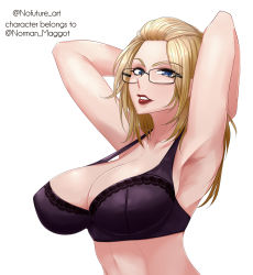 Rule 34 | 1girl, armpits, arms behind head, arms up, bangs pinned back, black-framed eyewear, blonde hair, blue eyes, borrowed character, bra, breasts, cleavage, folded hair, glasses, hair pulled back, highres, inne sulistya robin, large breasts, lingerie, mature female, nofuture, office lady, original, parted lips, red lips, solo, stomach, underwear